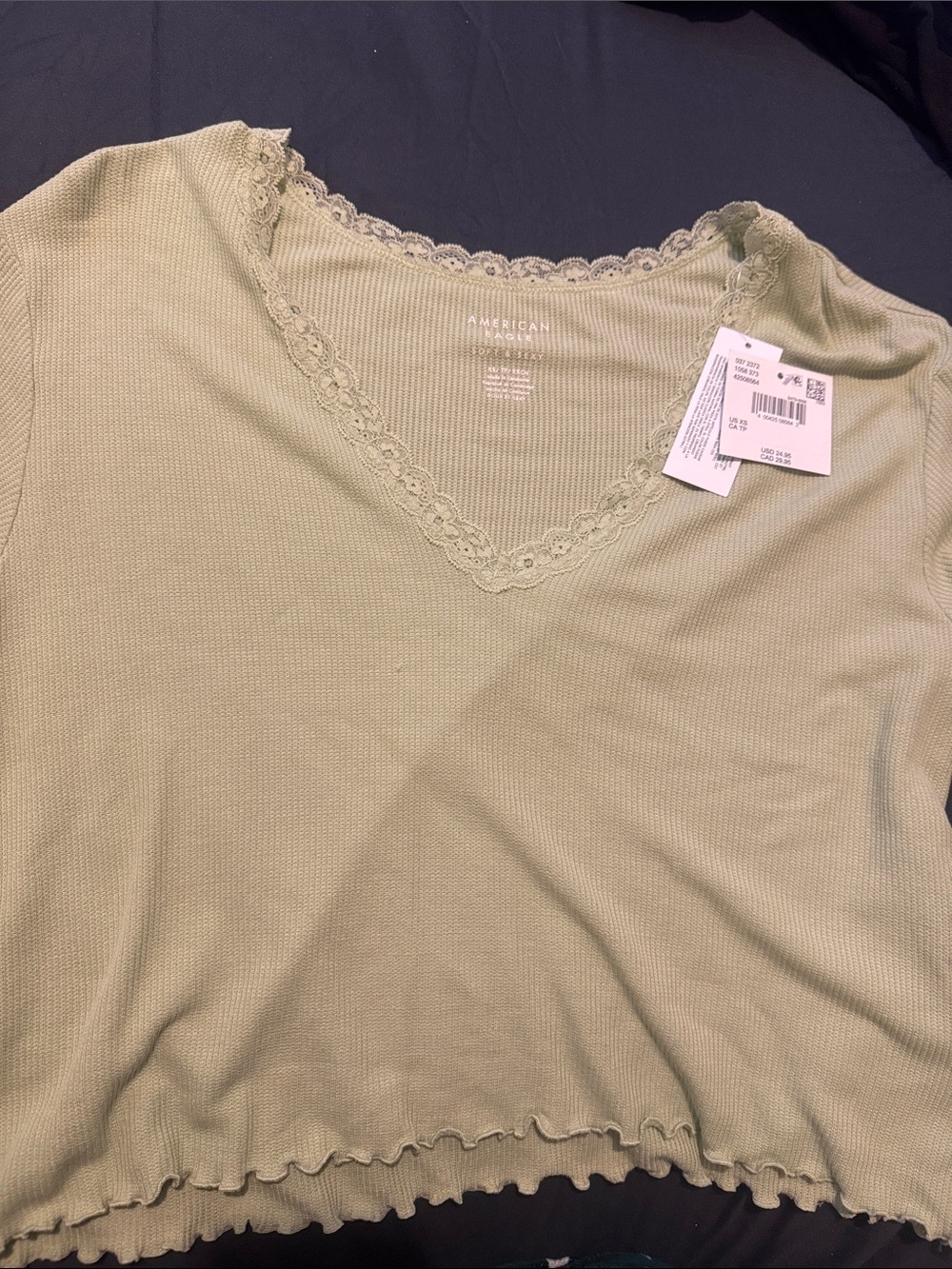 American Eagle Outfitters Sage Green Lace-Trim V-Neck Crop Top